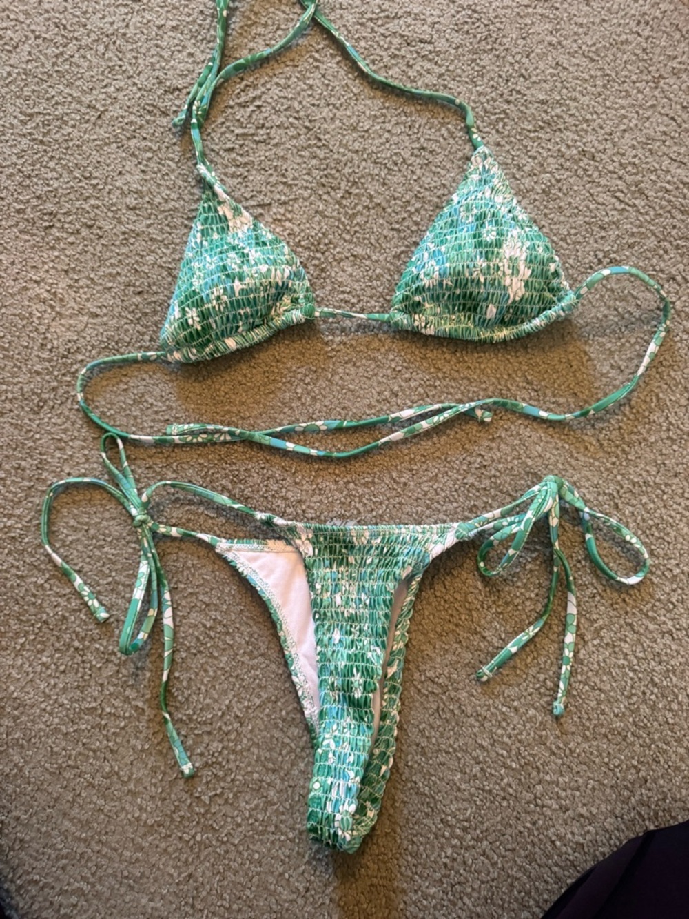 Green Floral Ribbed String Bikini Set